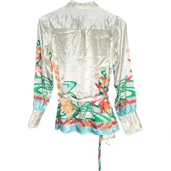 Hale Bob Floral Satin Blouse Size XS Removable Belt Tropical - Picture 3 of 4